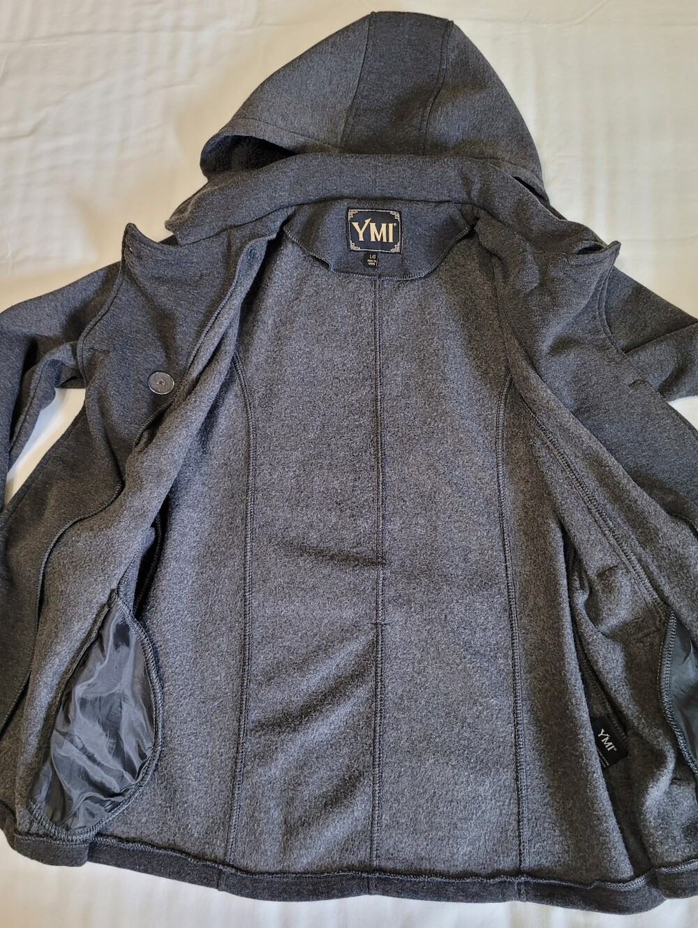 YMI Double-Breasted Jersey Knit Pea Coat, Hooded & Belted - Sz L, Gray, GUC - Picture 7 of 11
